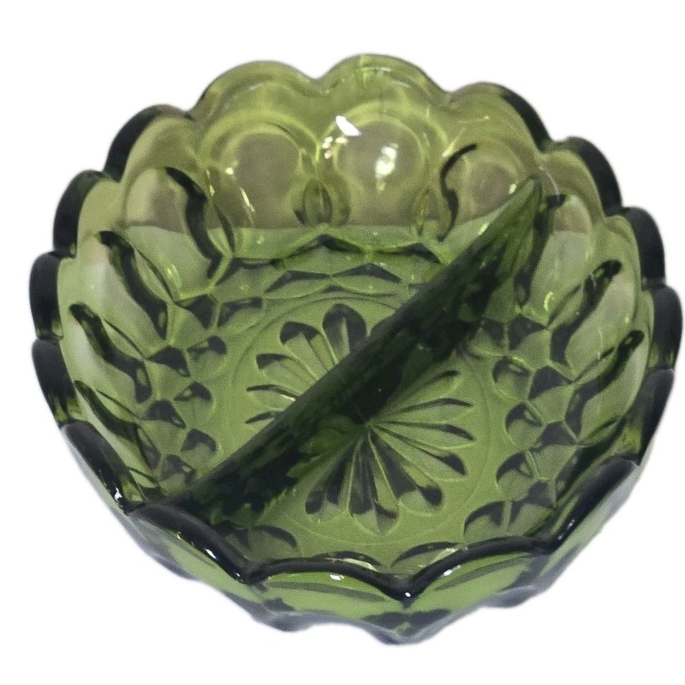 VTG Anchor Hocking Avocado Green Relish Dish Divided Oval Serving Bowl Georgian